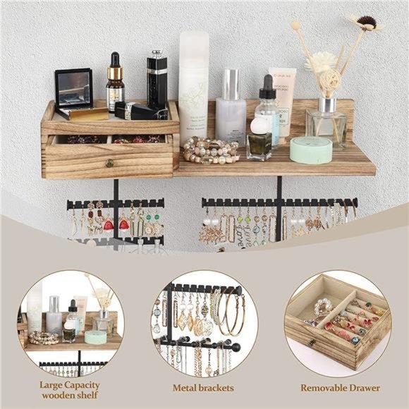 Jewelry Organizer Hanging Wall Mounted Jewelry Holder with Rustic Wood Drawer - Picture 6 of 6